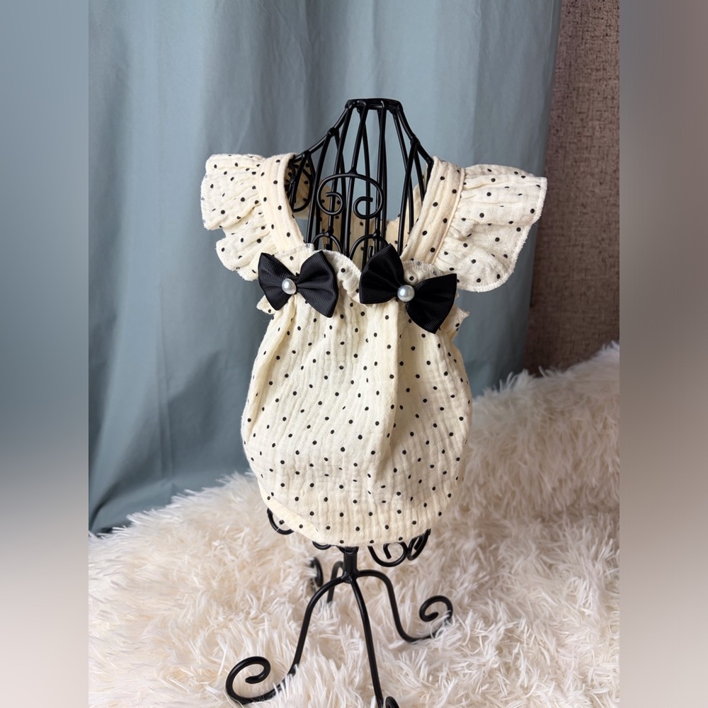 Cream Polka Dot Dog Dress with Black Bows